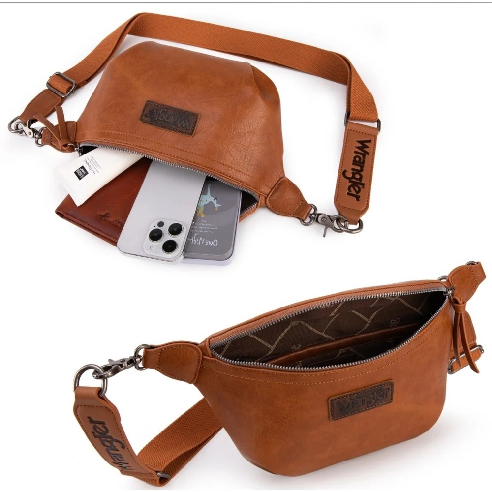 Wrangler‎ Sling Bag Crossbody Fanny Pack Light Brown Wide Strap NWT - Picture 3 of 4